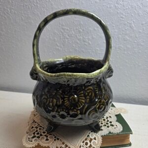 Vintage Hull Pottery Drip Glaze Ceramic Footed Basket Ornate Floral Embossed